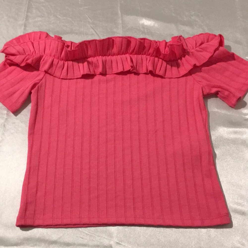 Zara Trafaluc Off The Shoulder Ruffle Ribbed Tee - Picture 3 of 6